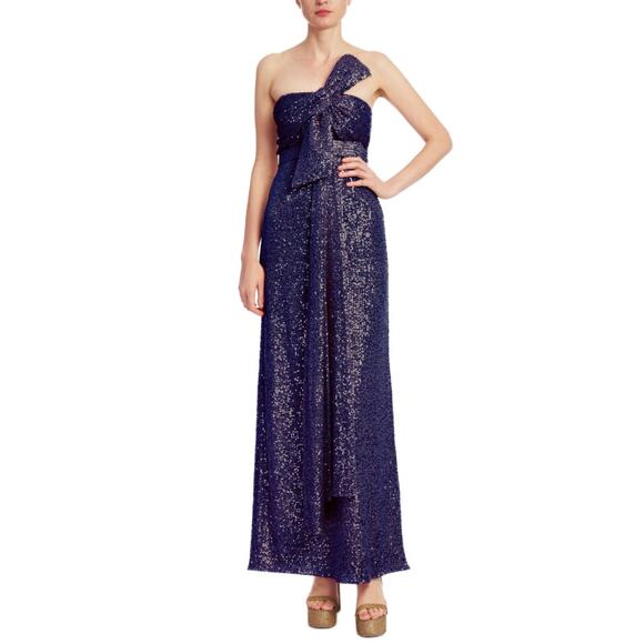 Badgley Mischka Women's Navy Strapless Sequined Gown with Bow Size 12 - Picture 1 of 12